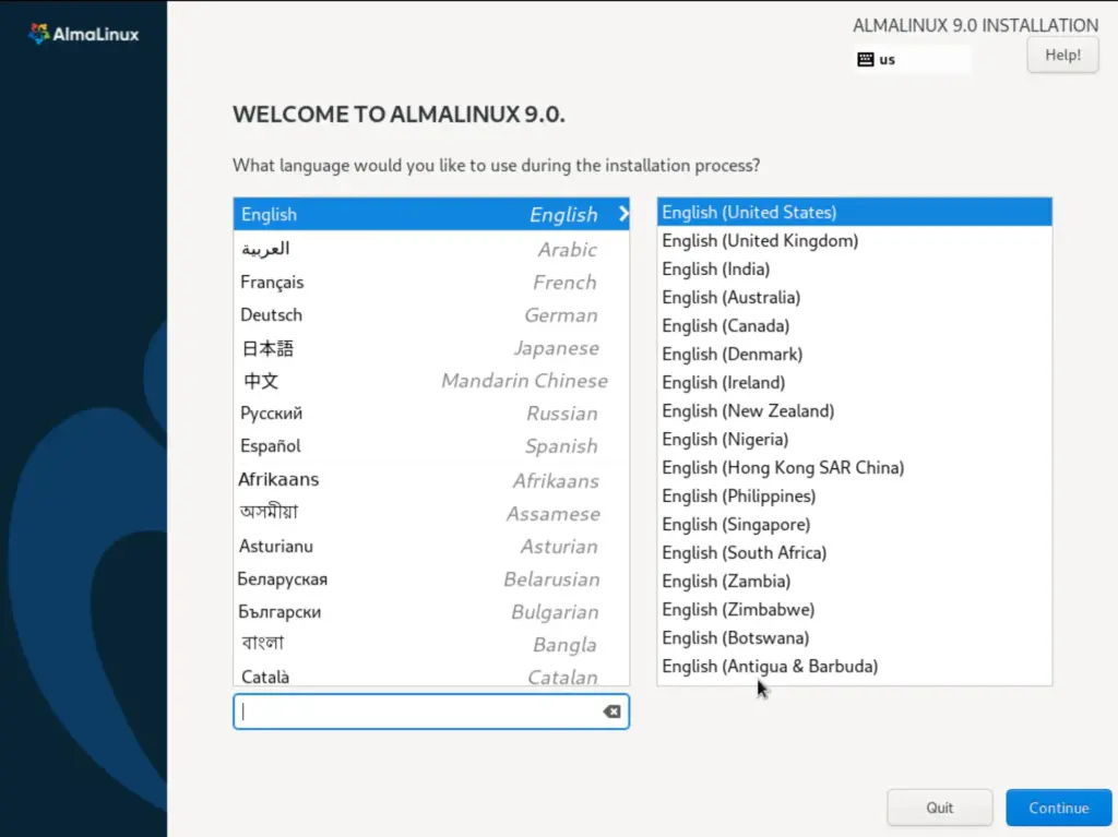 Alma Linux - Choose Language
