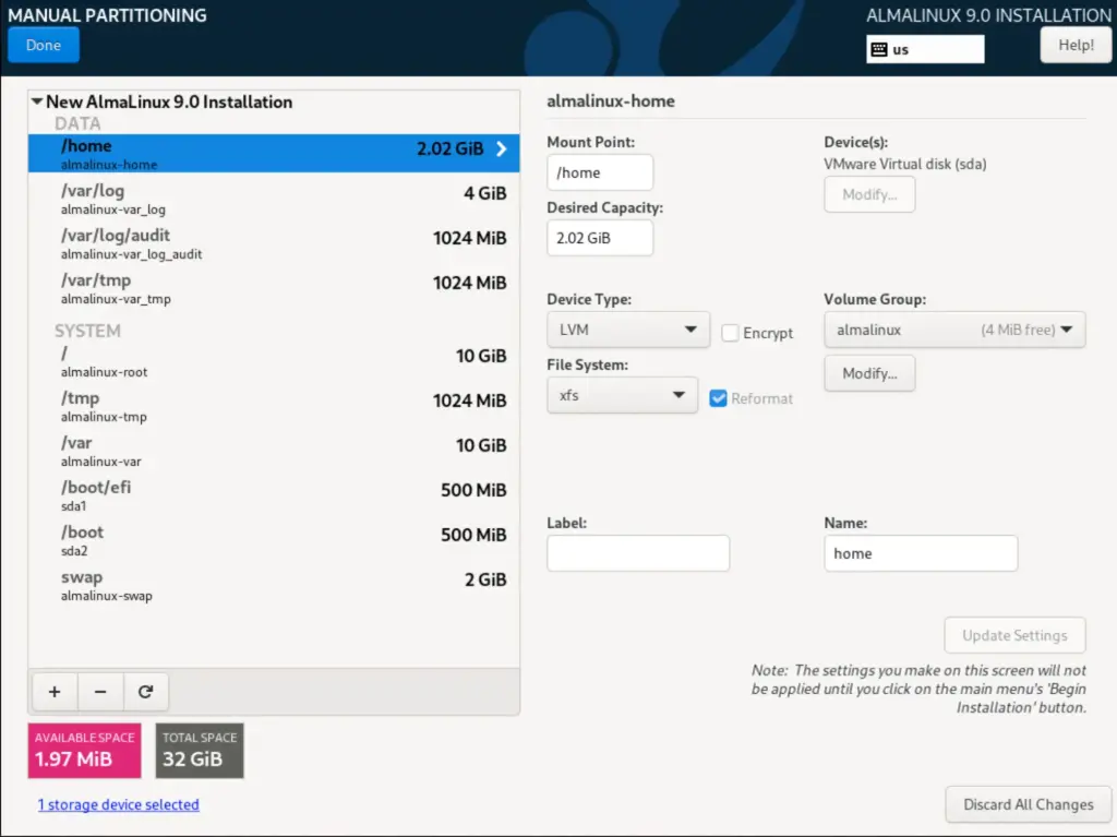 Alma Linux Disk Partitioning